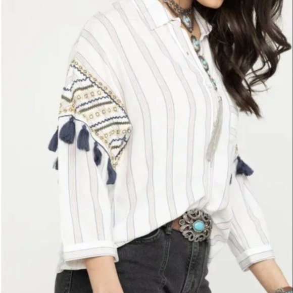 Shyanne White Top with Red/Blue Pinstripe Country Embroidered Tassels - Picture 4 of 15